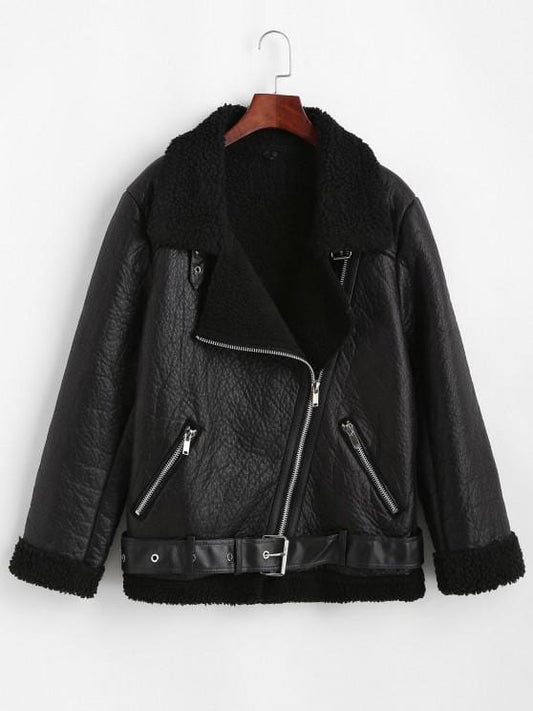 Faux Leather Zippered Pockets Faux Shearling Coat COA210305127BLAXS Black / XS