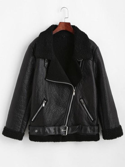 Faux Leather Zippered Pockets Faux Shearling Coat for Women