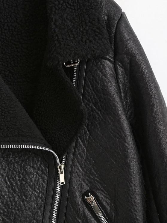 Faux Leather Zippered Pockets Faux Shearling Coat for Women