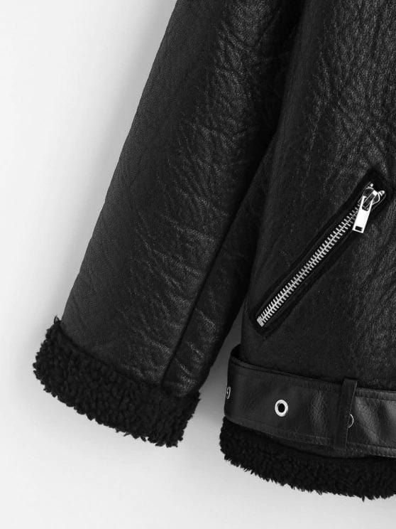 Faux Leather Zippered Pockets Faux Shearling Coat for Women