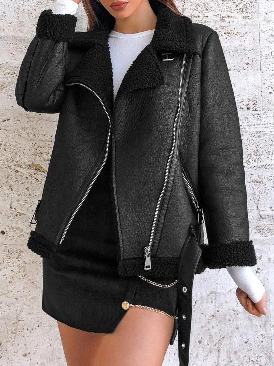 Faux Leather Zippered Pockets Faux Shearling Coat for Women