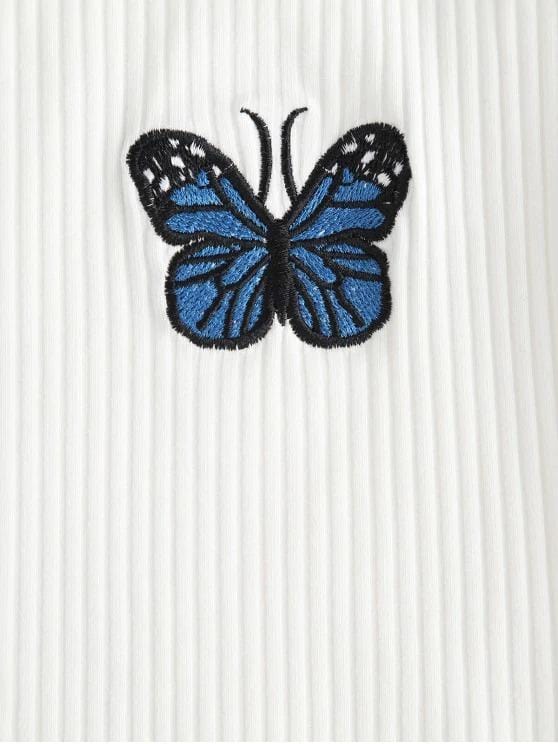 Faux Pearl Ribbed Butterfly Embroidered Cami Top