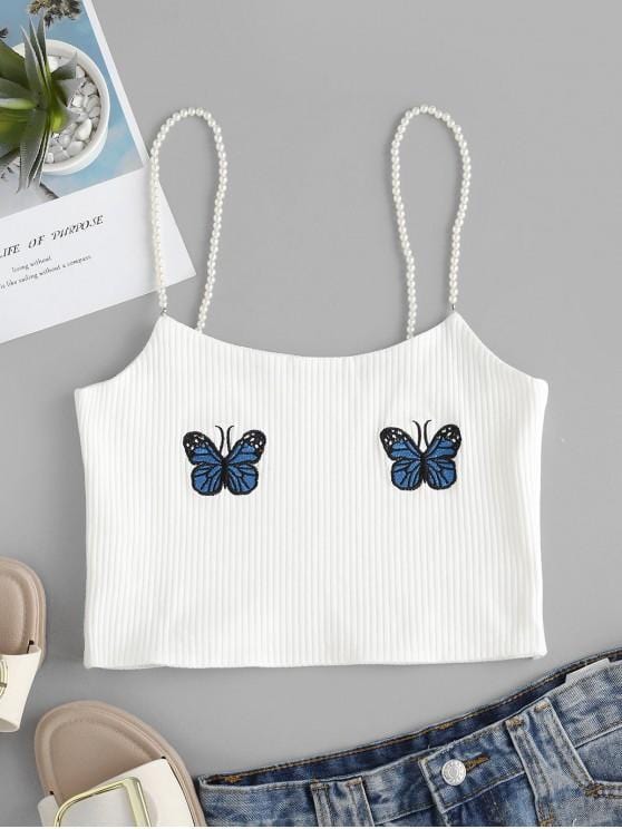 Faux Pearl Ribbed Butterfly Embroidered Cami Top for Women