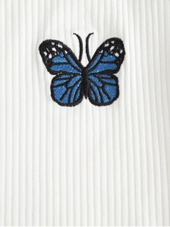 Faux Pearl Ribbed Butterfly Embroidered Cami Top for Women