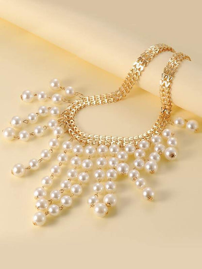 Faux Pearl Tassel Charm Necklace NEC210308207GOL Gold