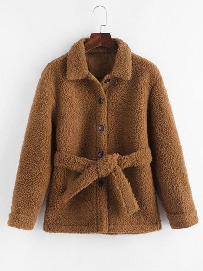 Faux Shearling Belted Pocket Teddy Jacket temp2021723253 Coffee / S