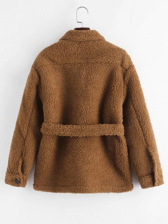 Faux Shearling Belted Pocket Teddy Jacket