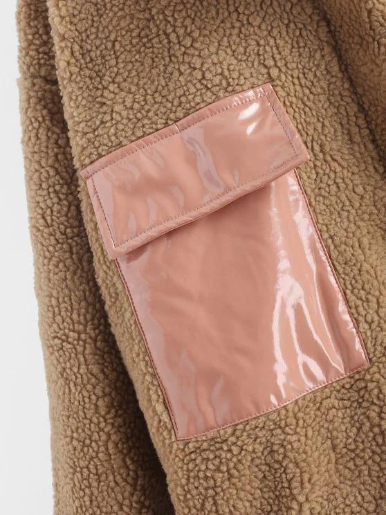 Faux Shearling Vinyl Flap Pocket Teddy Coat