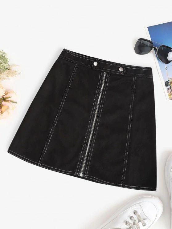 Faux Suede Topstitch Zip Fly Skirt SKI210207070BLAS S / Black