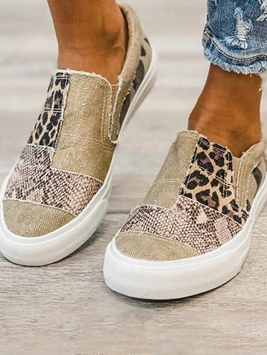 Women's Canvas Shoes Animal Print Slip-on Sneakers Outdoor Office Work Flat Heel Round Toe Sporty Casual Walking Shoes Canvas Loafer Color Block Jeans Black khaki Gray