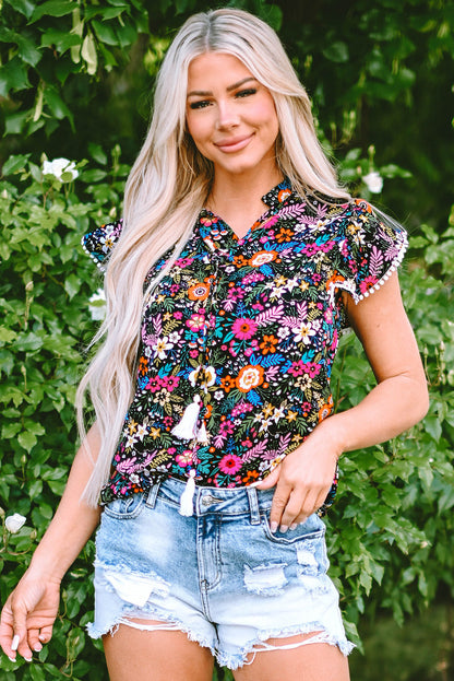 Black Lace Trim Flutter Sleeve Tropical Floral Blouse