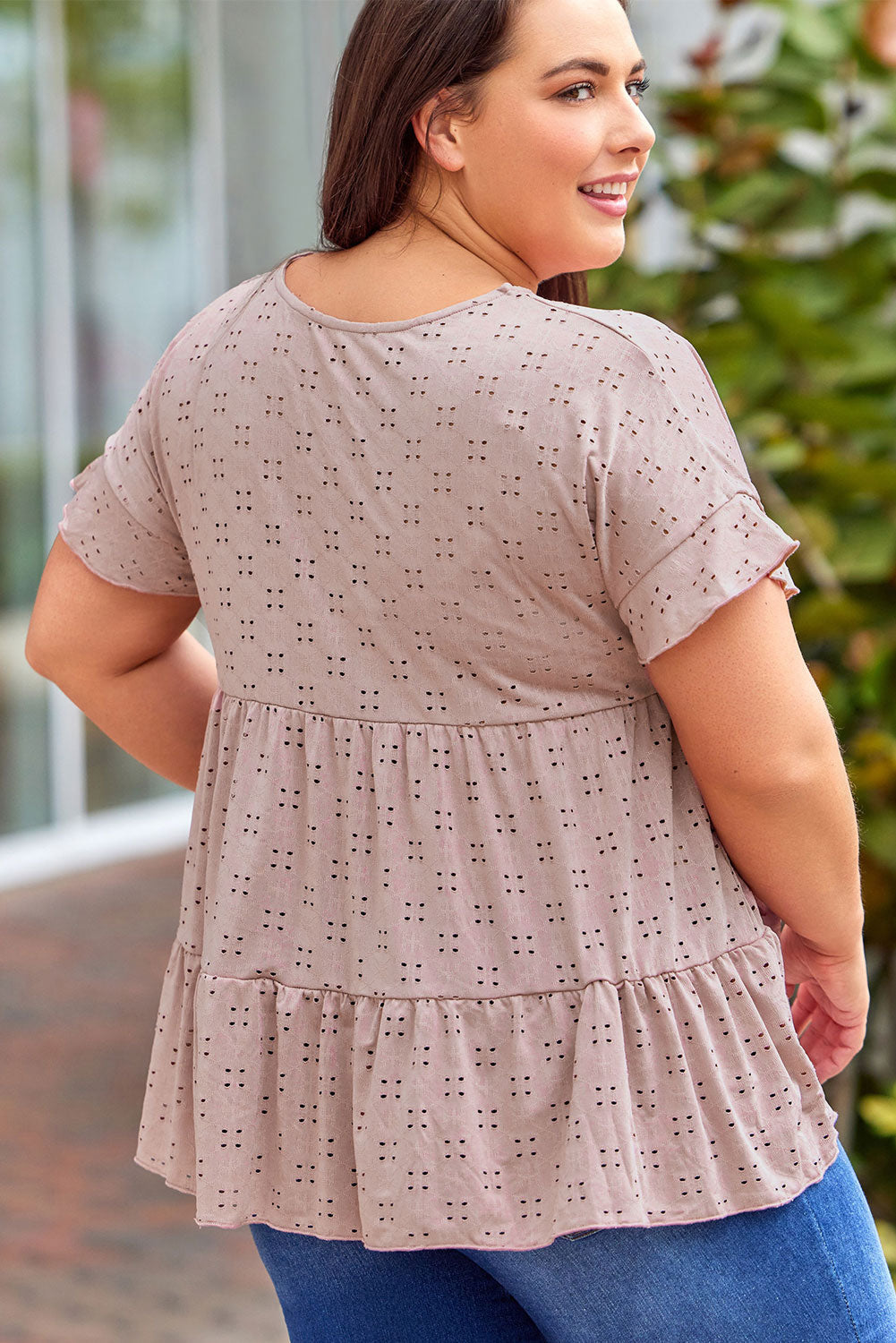 Pink Plus Size Eyelet Pattern Ruffle Sleeve Babydoll Top