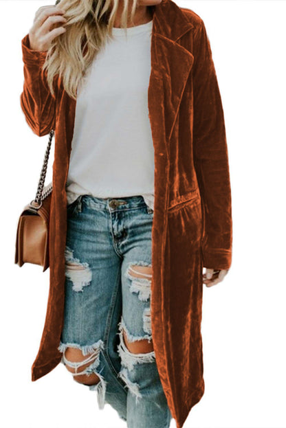 Brown Retro Velvet Long Sleeve Pocket Coat