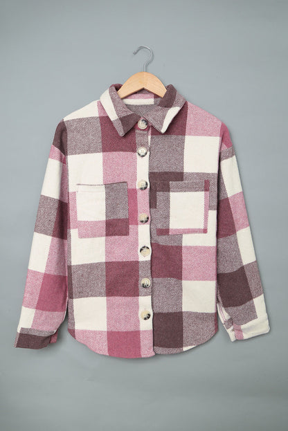 Plaid Color Block Buttoned Long Sleeve Jacket with Pocket