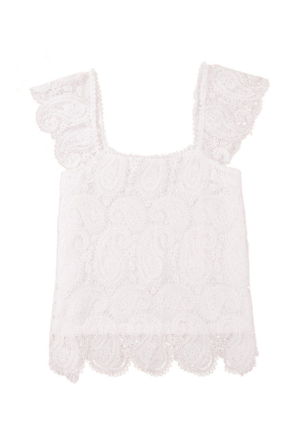 White Lace Crochet Ruffled Square Neck Tank Top