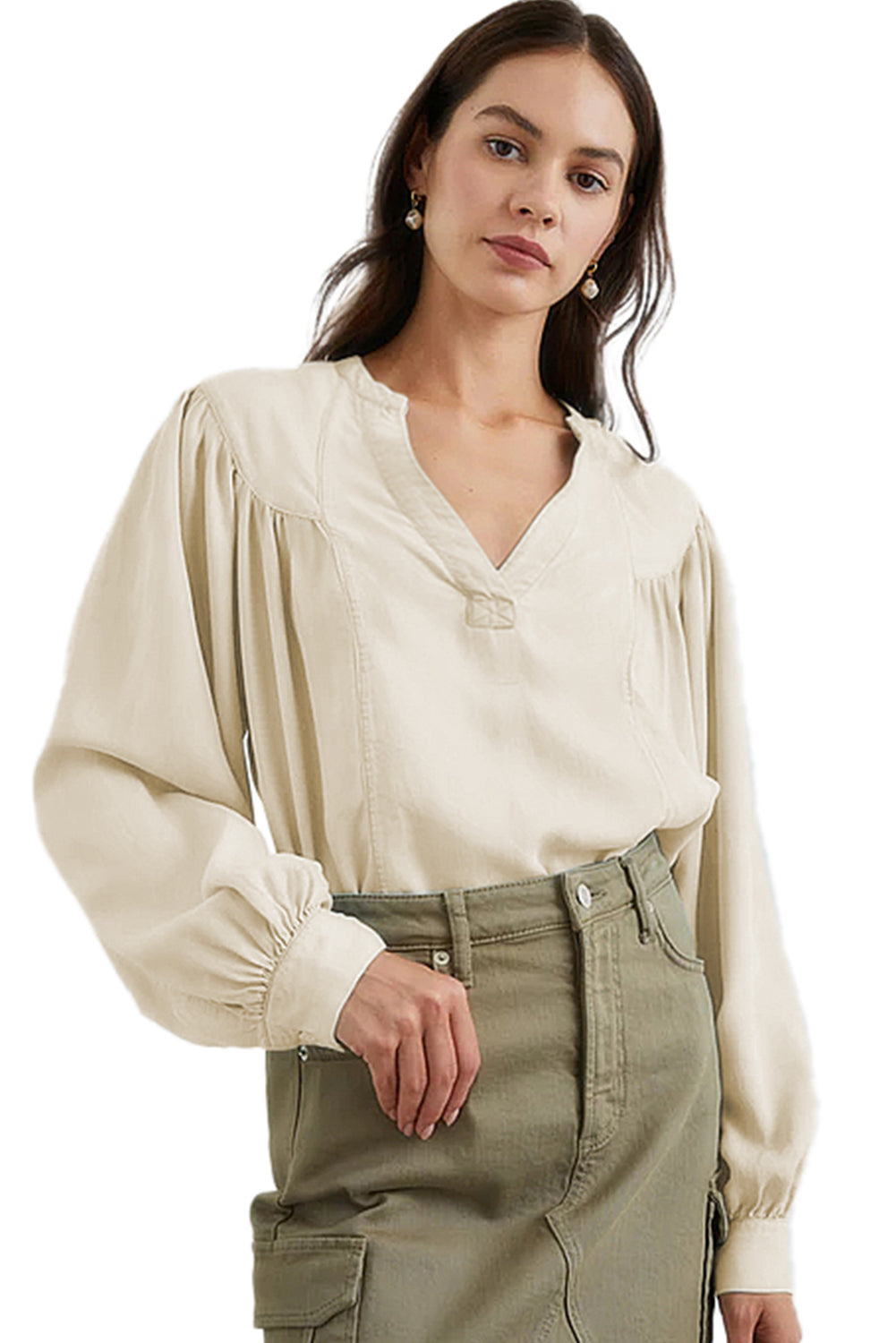 White Solid Color Lantern Sleeve Notched V Neck Blouse