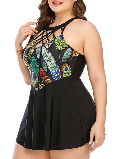 Feather Butterfly Print Plus Size Skirt Swimsuit