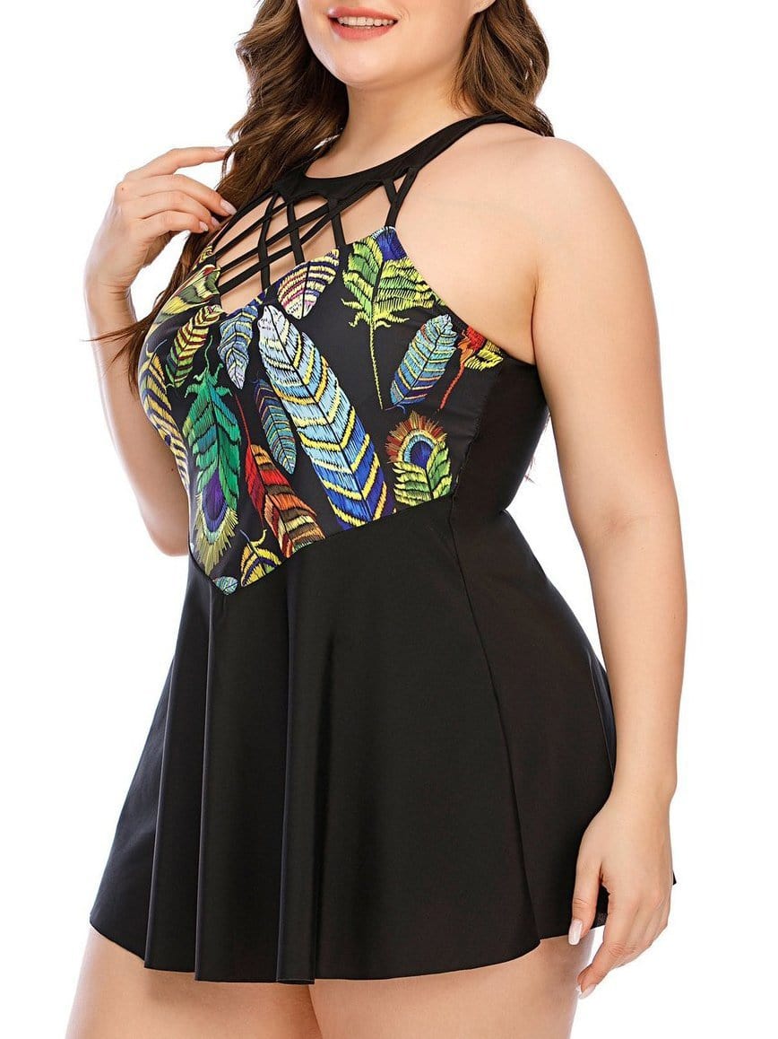 Feather Butterfly Print Plus Size Skirt Swimsuit