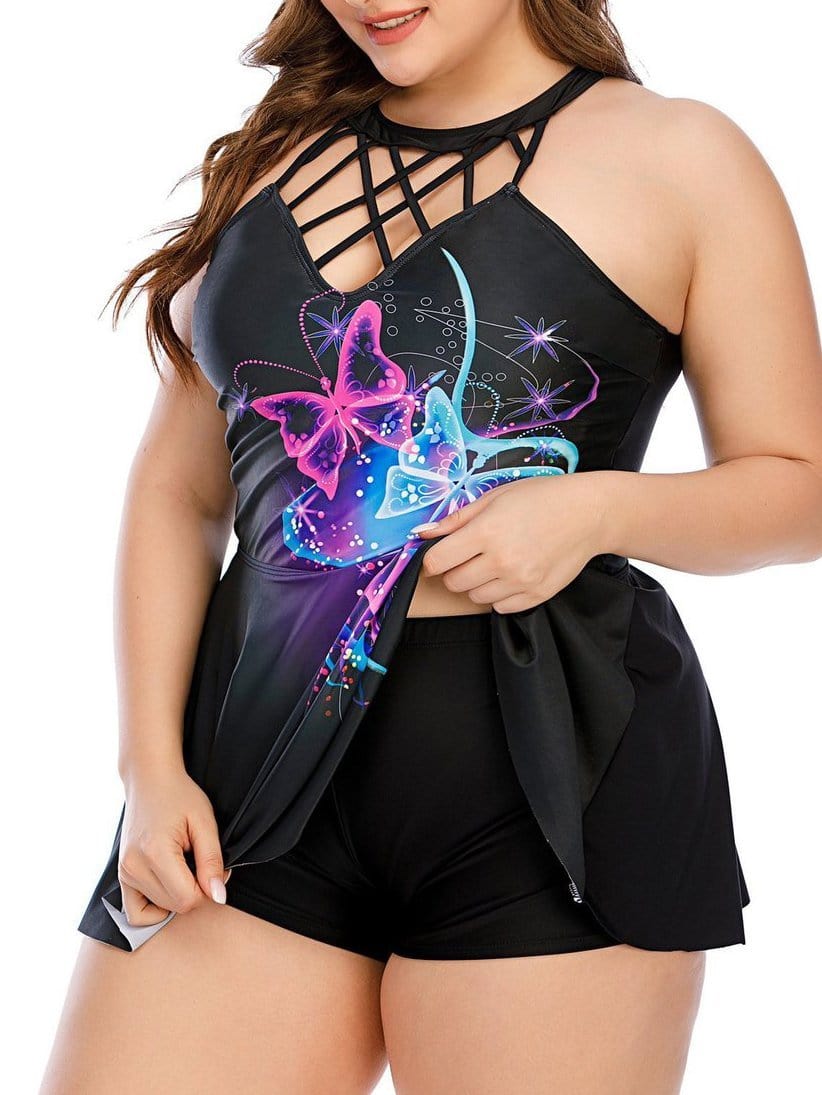 Feather Butterfly Print Plus Size Skirt Swimsuit