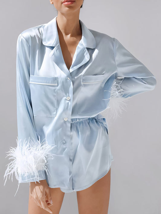 Feather Detachable Long Sleeve Shorts Set Pajamas cc2PAJ2112171125BLUS Blue / 2 (S)