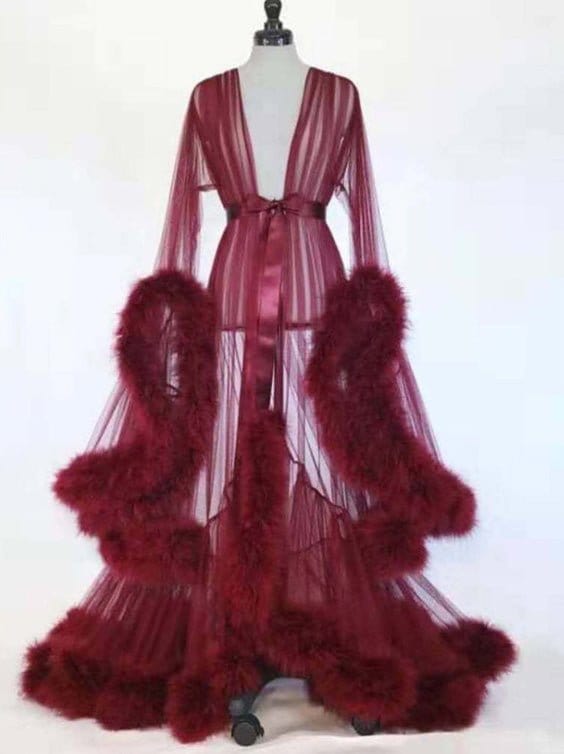 Feather Flared Sleeve Trailing Sheer Nightdress LIN2202181131WREDONESIZE Wine_Red / One_Size