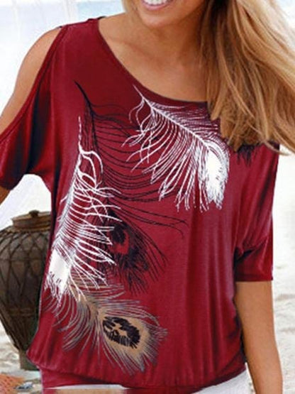 Feather Print Off-shoulder Round Neck T-shirt TSH2107031303WREDS Wine Red / S