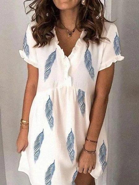 Feather Print Short Sleeve V-Neck Mini Dress DRE2106281342WHIS White / S