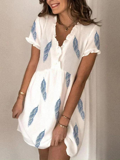 Feather Print Short Sleeve V-Neck Mini Dress