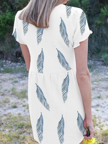 Feather Print Short Sleeve V-Neck Mini Dress