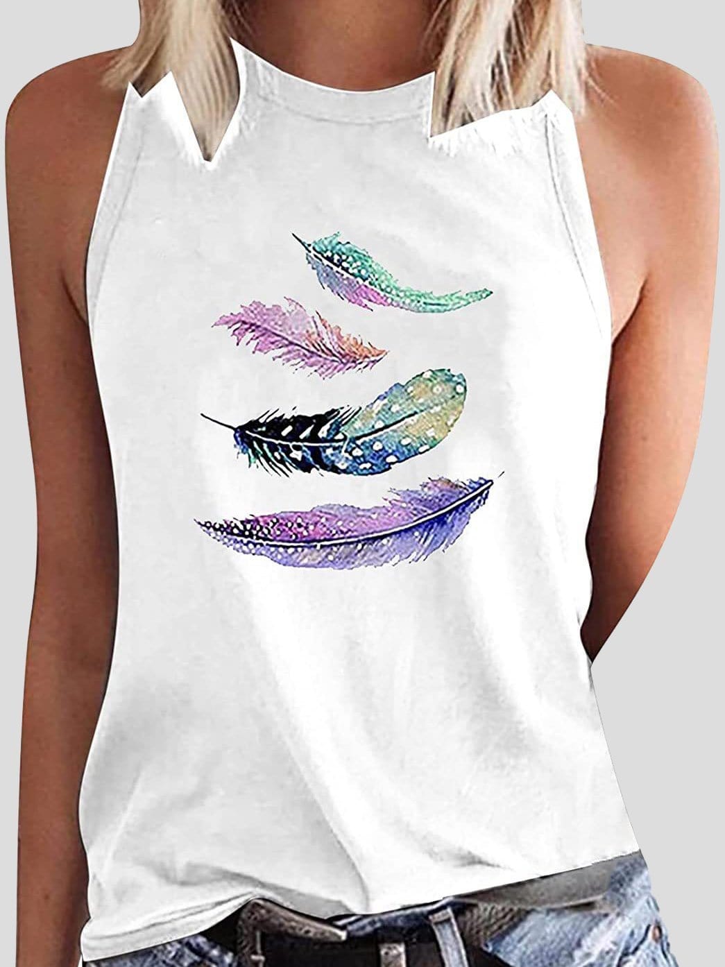 Feather Print Sleeveless Casual Tank Tops TAN2107301348WHIS White / S