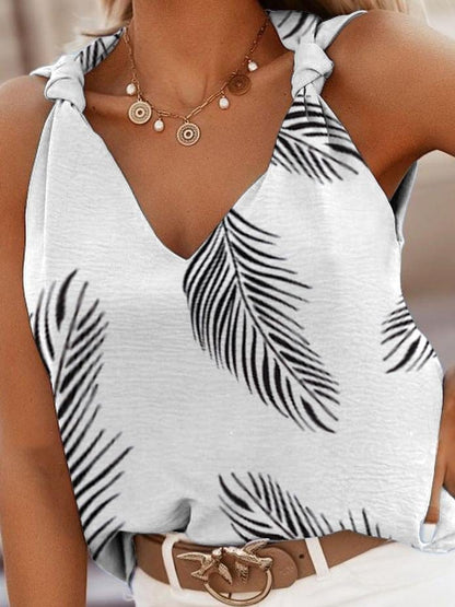 Feather Print Sleeveless Twisted Casual Vest