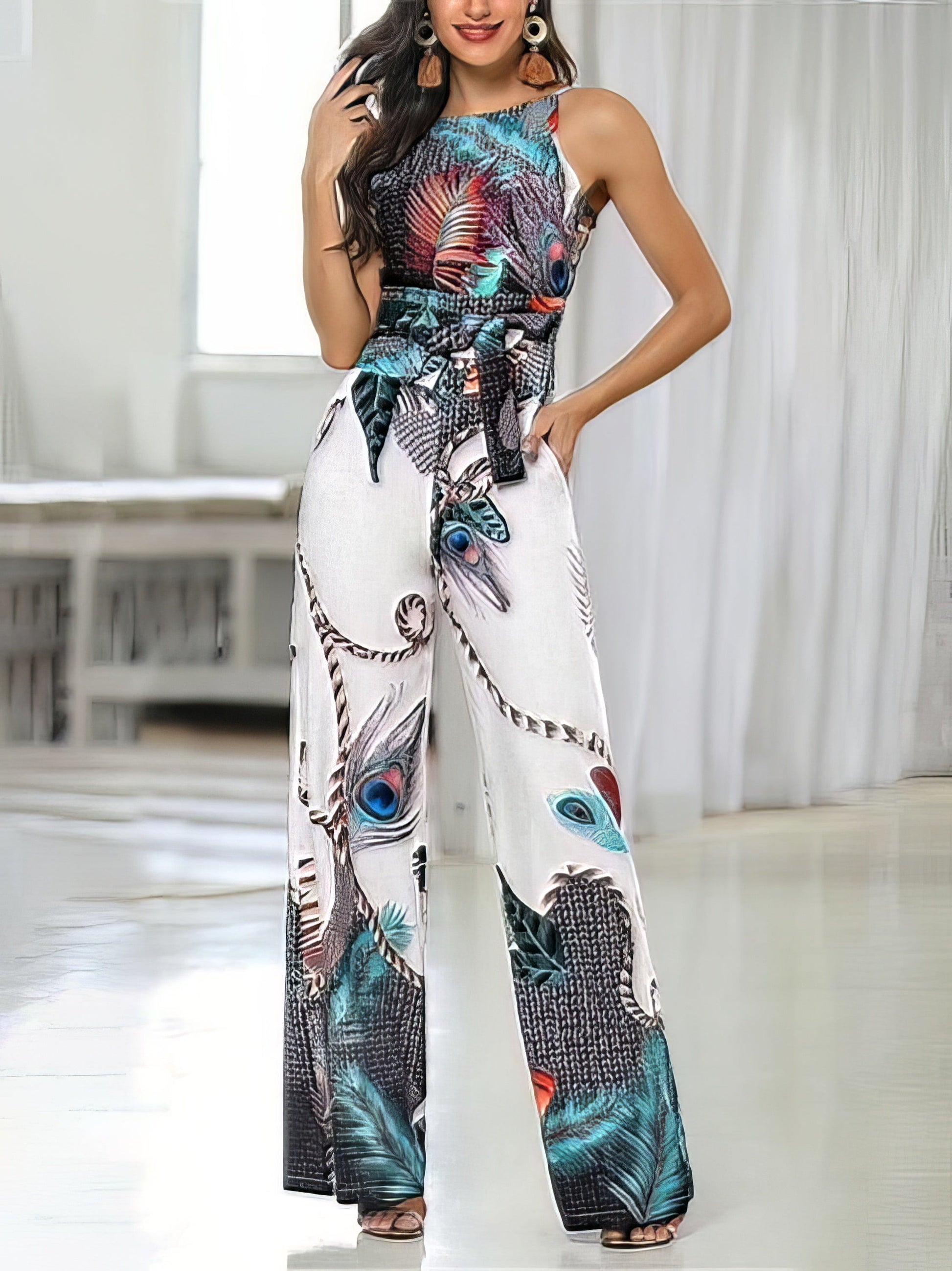 Feather Print Sling Jumpsuit