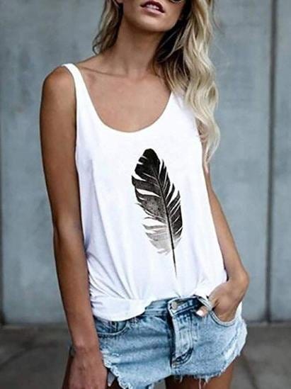 Feather Print U-neck Tank Top TAN2107021197WHIS White / S