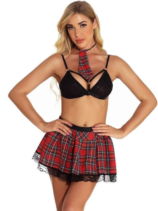Female Plaid Skirt Lingerie With Lace Trim temp2021486723 Red / S