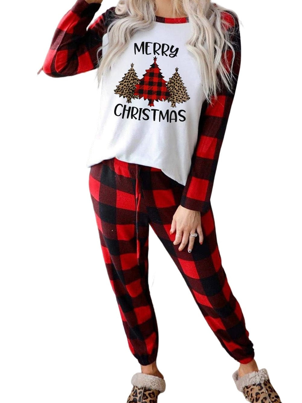 Festive Red Christmas Plaid Print Lounge Set with Tree Motif