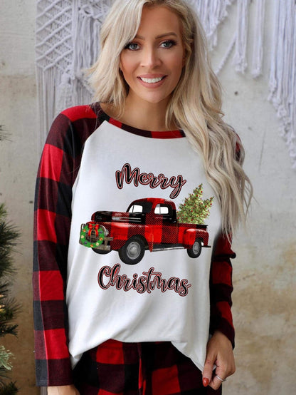 Festive Red Christmas Truck Print Tartan Color Combo Cozy Two Piece Pajama Set