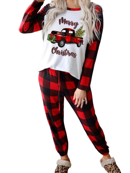 Festive Red Christmas Truck Print Tartan Color Combo Cozy Two Piece Pajama Set