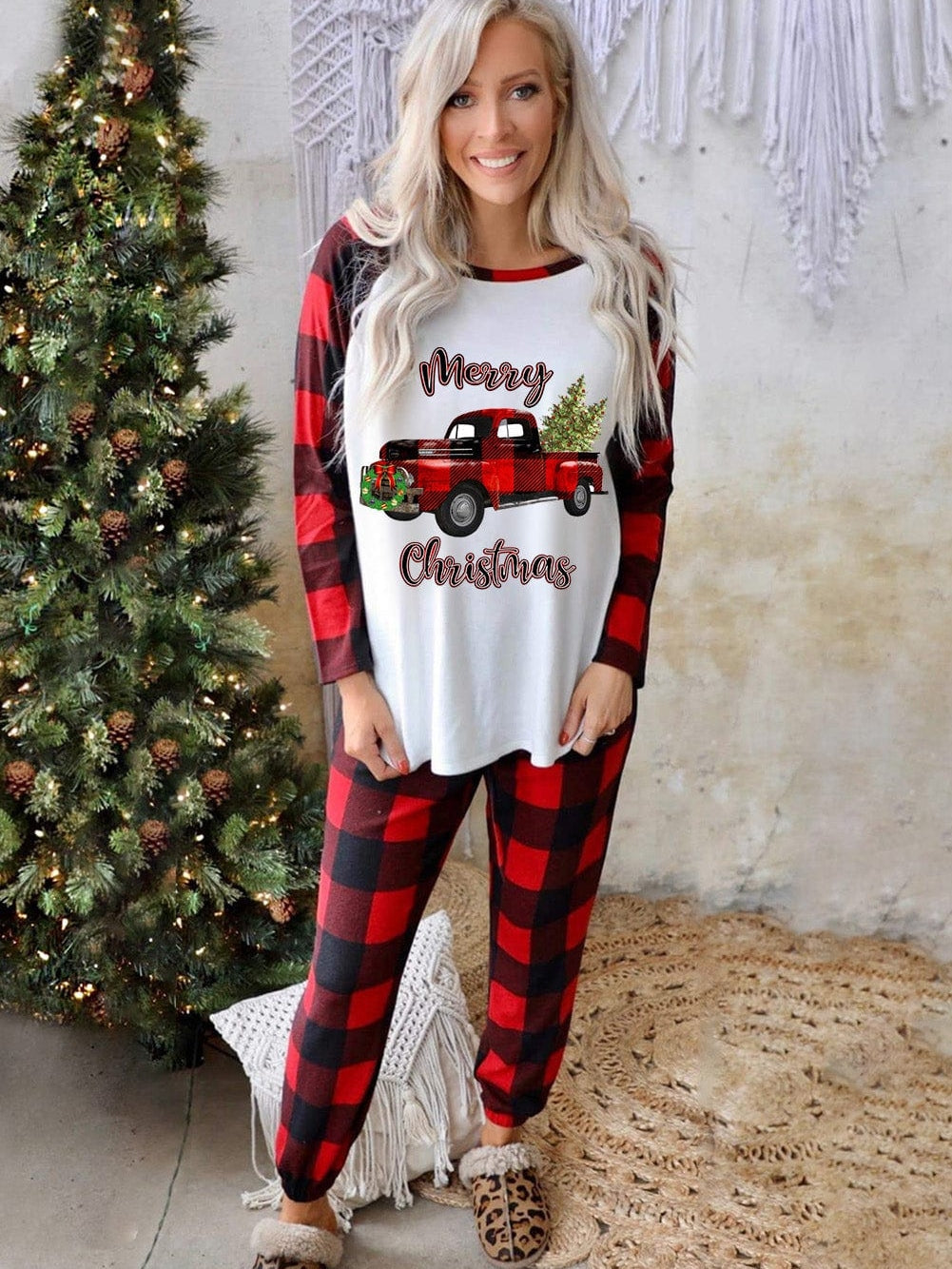 Festive Red Christmas Truck Print Tartan Color Combo Cozy Two Piece Pajama Set