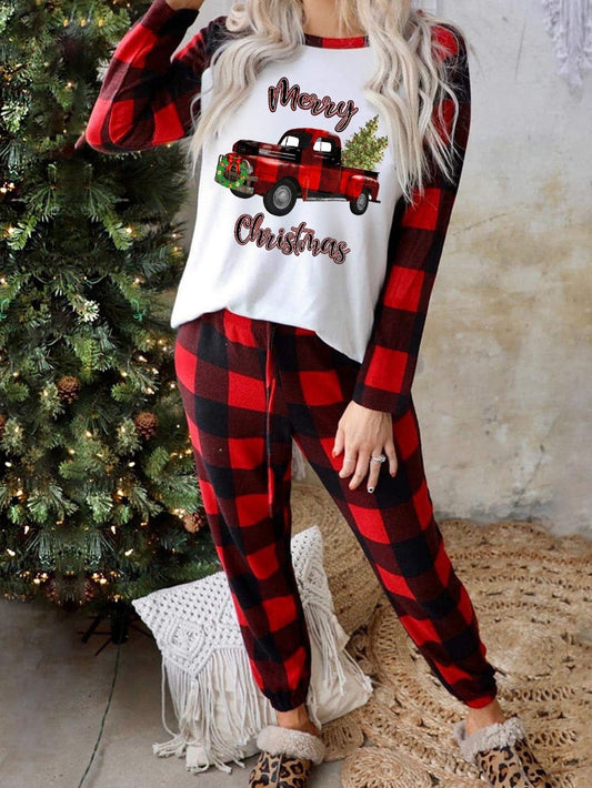 Festive Red Christmas Truck Print Tartan Color Combo Cozy Two Piece Pajama Set