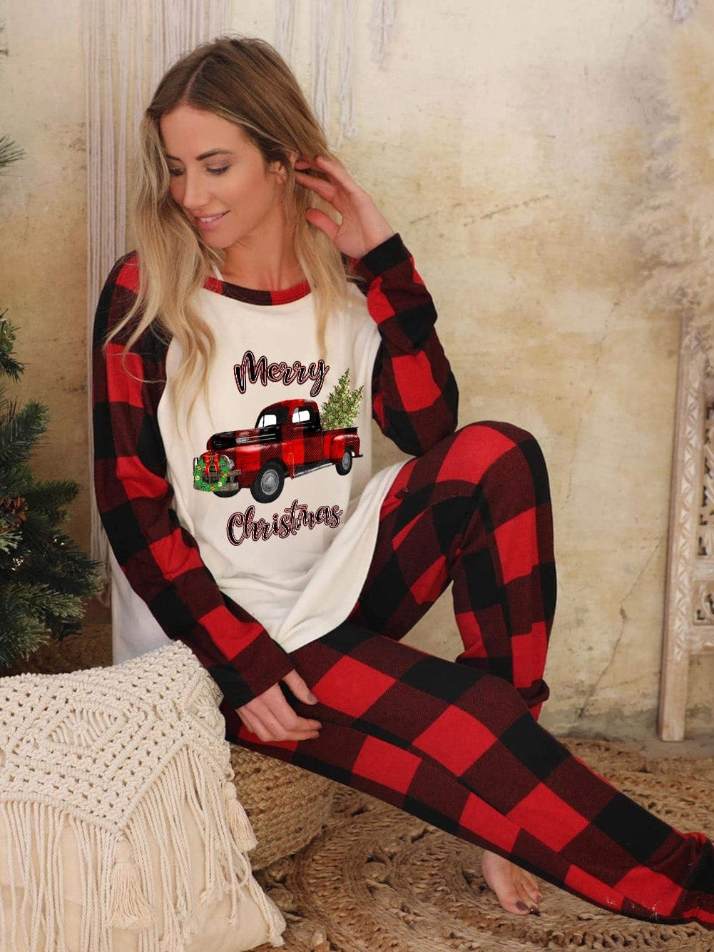 Festive Red Christmas Truck Print Tartan Color Combo Cozy Two Piece Pajama Set