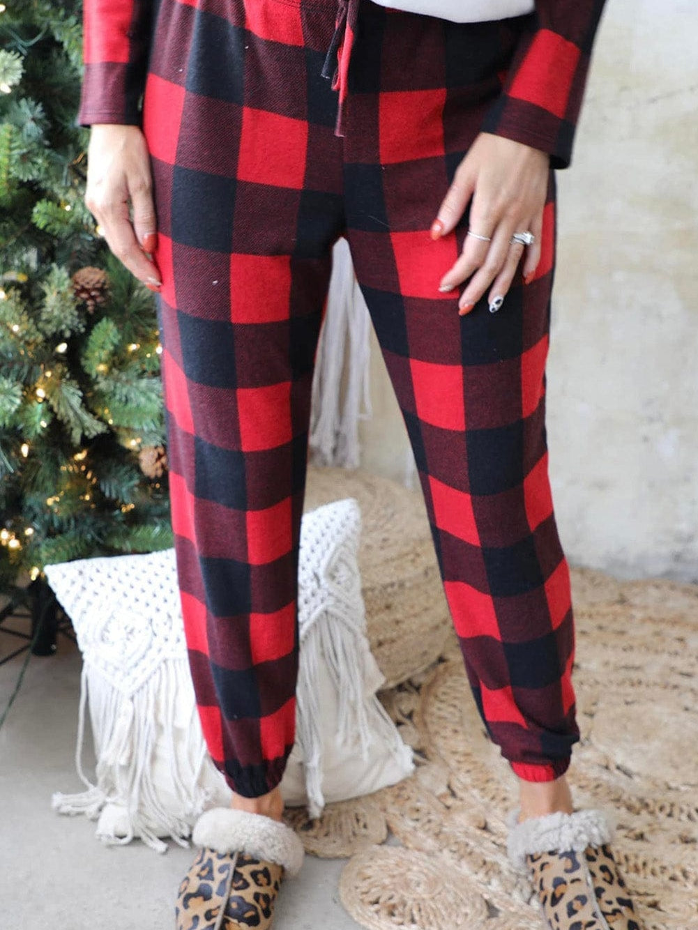 Festive Red Christmas Truck Print Tartan Color Combo Cozy Two Piece Pajama Set