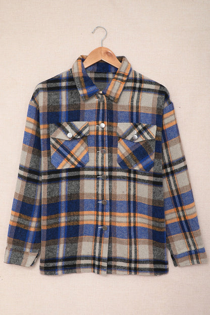 Blue Geometric Plaid Print Pocketed Shacket