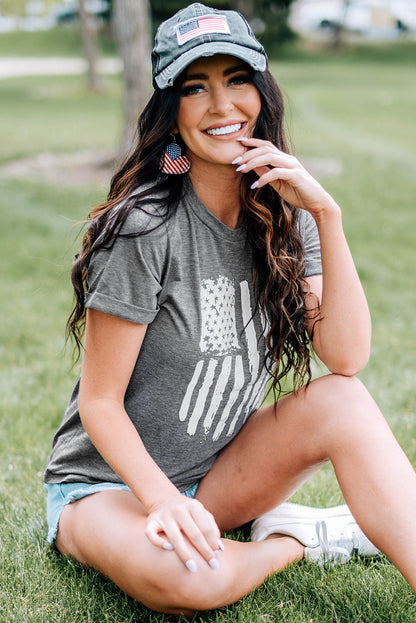 Gray America Flag Print Crewneck T-shirt