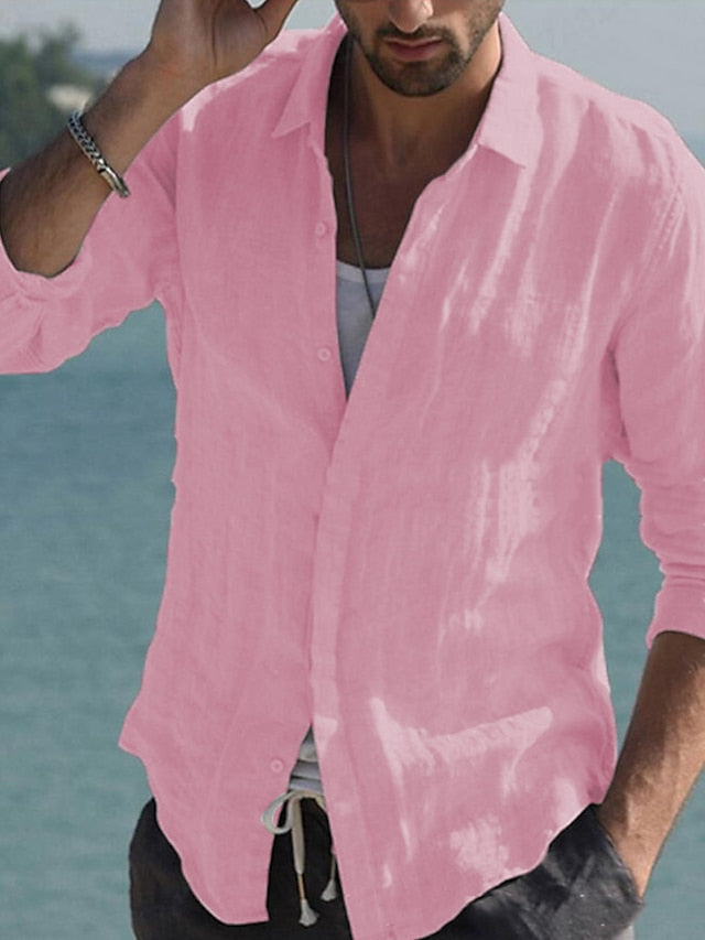 Men's Linen Shirt Shirt Summer Shirt Beach Shirt Black White Pink Long Sleeve Solid Color Collar Spring & Summer Casual Daily Clothing Apparel Button-Down - LuckyFash™