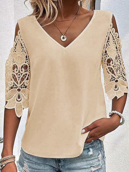 Women's Blouse White Pink Blue Plain Lace Cut Out Half Sleeve Daily Weekend Basic V Neck Regular S