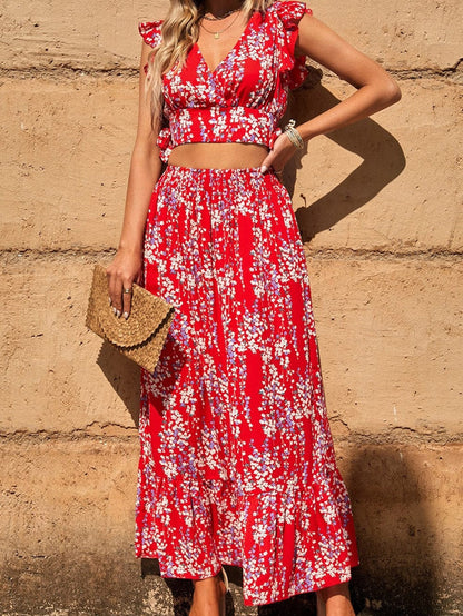 Fiery Red Floral Ruffle Two-Piece Bohemian Set