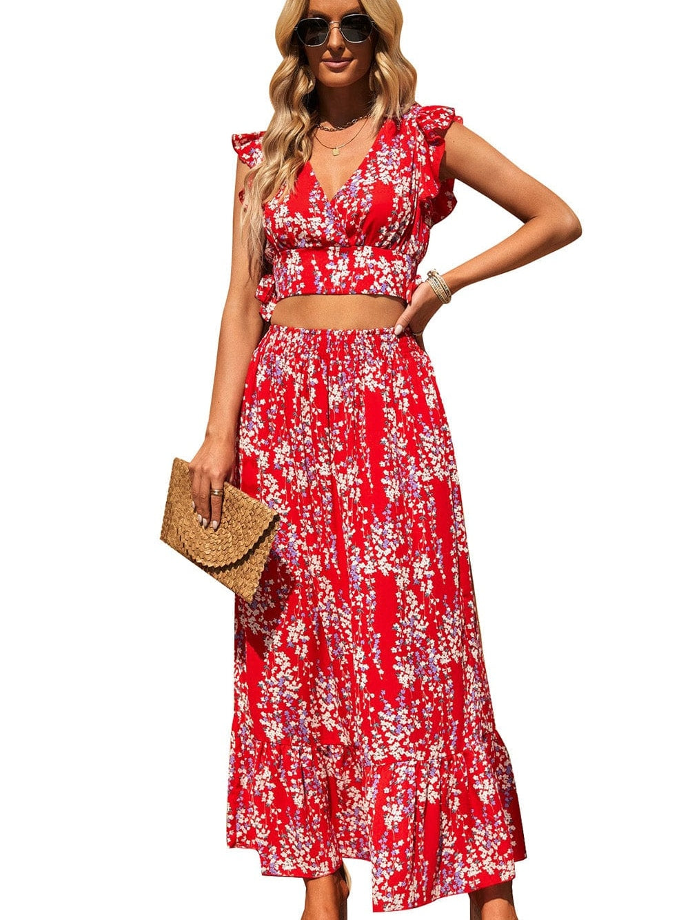 Fiery Red Floral Ruffle Two-Piece Bohemian Set