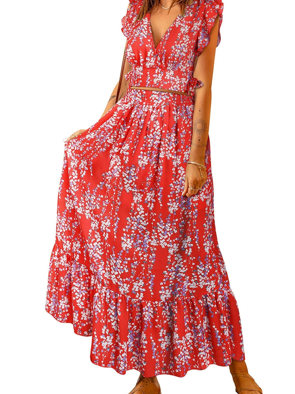 Fiery Red Floral Ruffle Two-Piece Bohemian Set