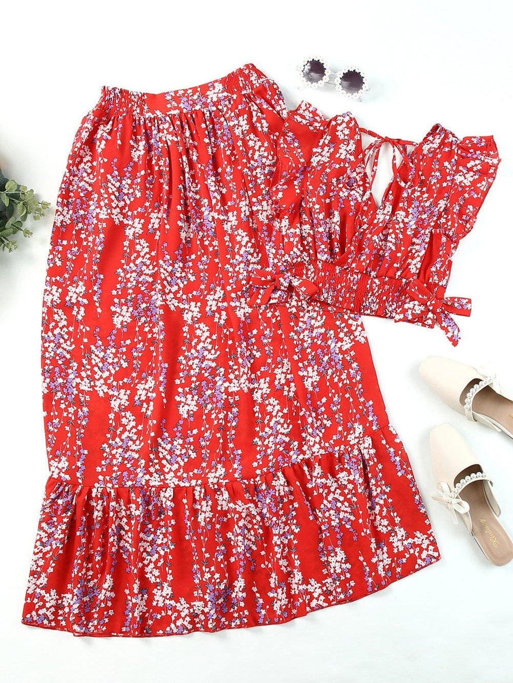 Fiery Red Floral Ruffle Two-Piece Bohemian Set