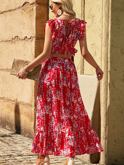 Fiery Red Floral Ruffle Two-Piece Bohemian Set